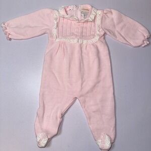 VTG Friemanit Baby Sweater Romper 6 Mos Pearl Accents Pink Zipper Lace